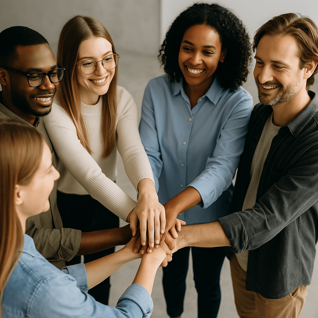 Metorra team holding hands in unity
